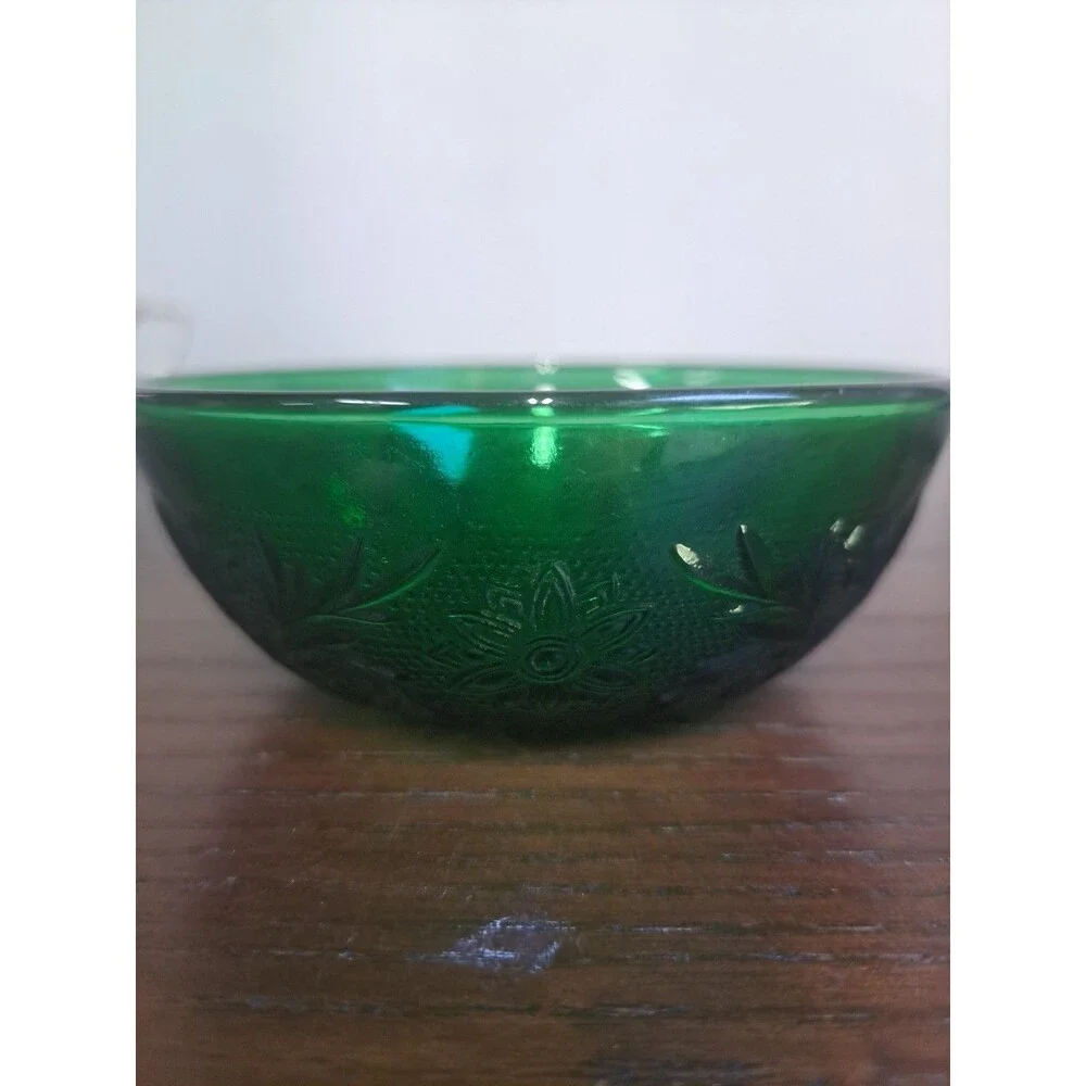 1957 Anchor Hocking Forest Green Sandwich Glass Floral And Foliage 4in Berry...
